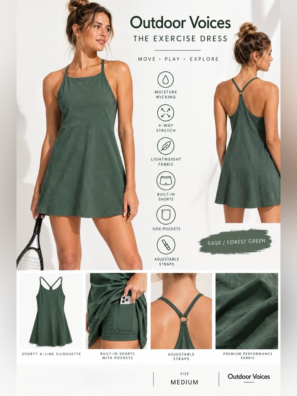 NWT Outdoor Voices Exercise Dress Medium Sage Green Built In Shorts Pockets